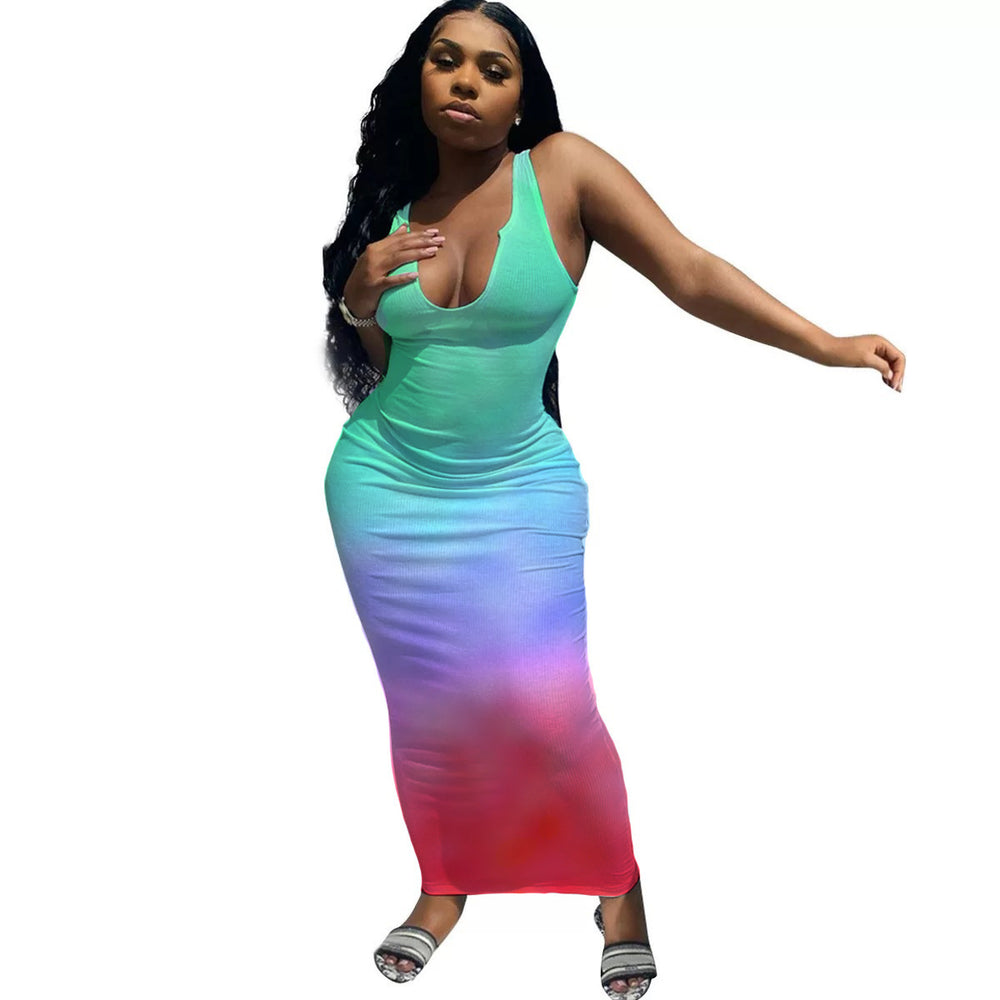 Damen Maxikleid mit tiefem Ausschnitt und Farbverlauf EB