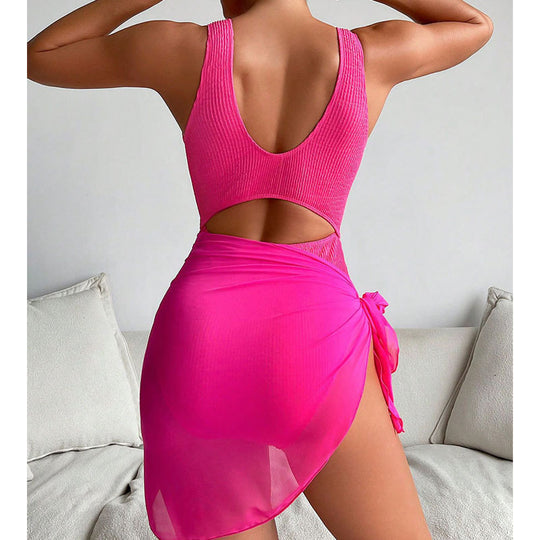 Damen Einteiler Badeanzug mit kreativen Cut-Outs und stilvollem Wickelrock EB