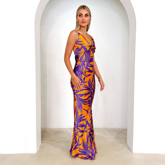 Damen Maxikleid mit dekorativem Blätterdruck und lässigem Schnitt EB