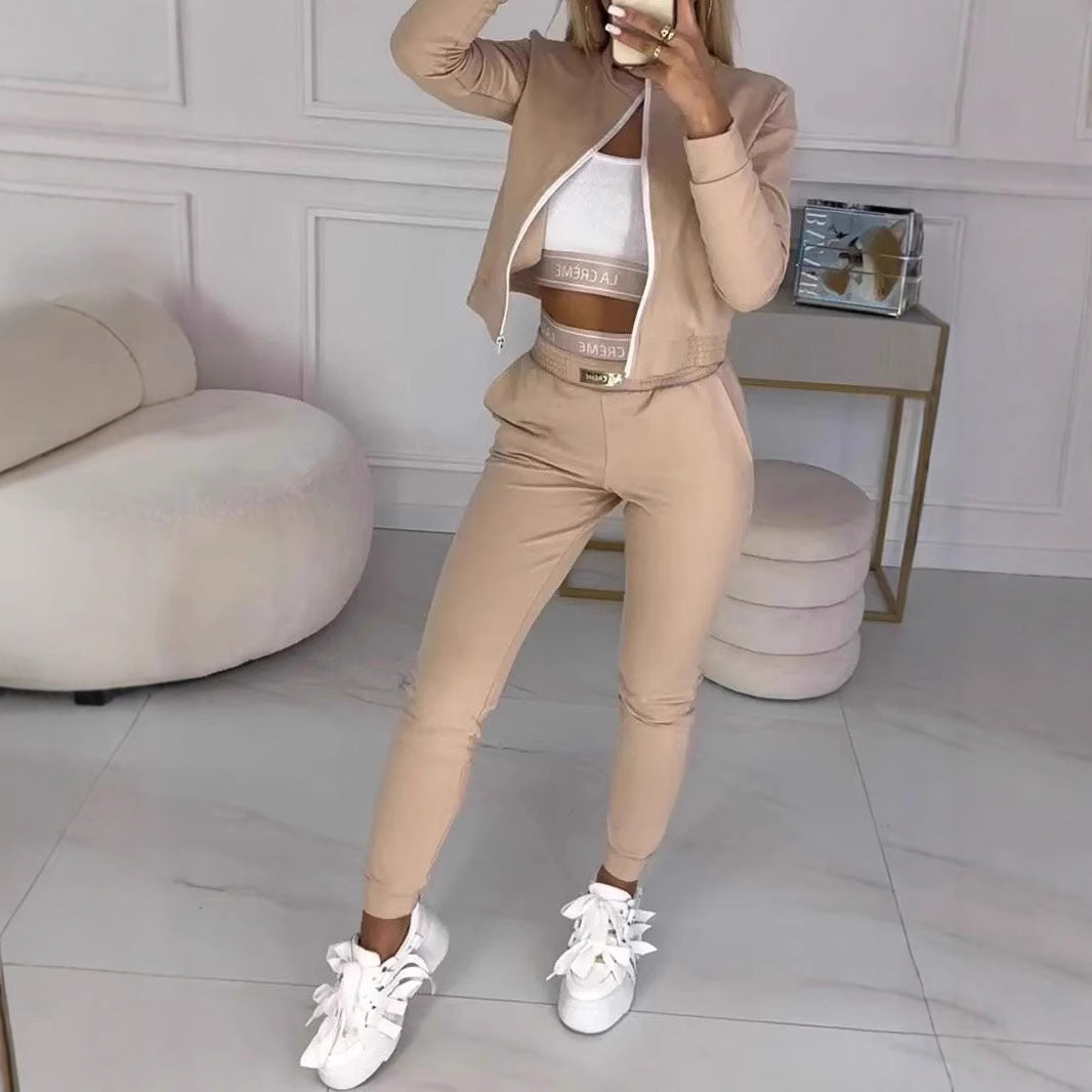 Damen Sportlicher Jumper-Set mit Reißverschluss und elastischem Bund EB