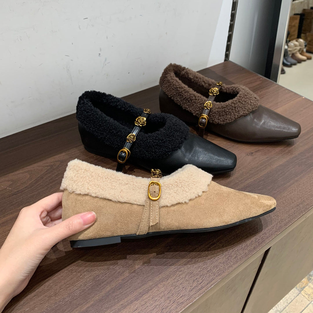 Damen elegante Slipper mit dekorativem Kunstfellkragen und goldenen Akzenten EB