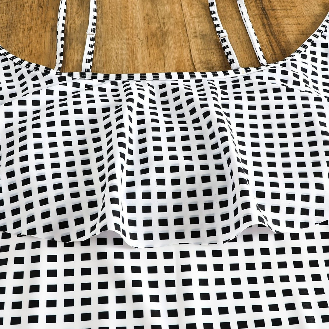 Damen Badeanzug-Set mit Rüschendetails und elegantem Karomuster EB