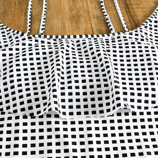 Damen Badeanzug-Set mit Rüschendetails und elegantem Karomuster EB