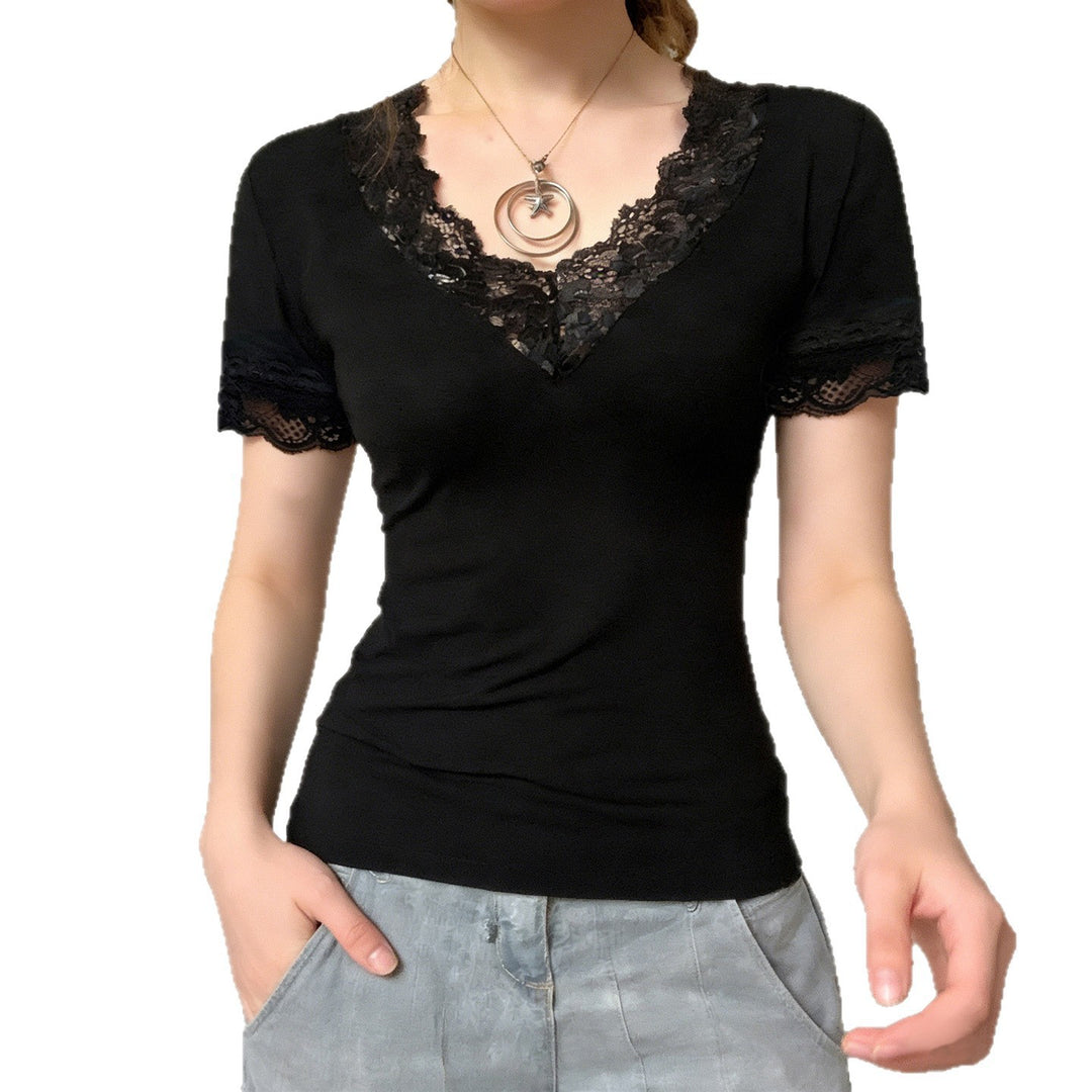 Damen Elegantes Spitzen-T-Shirt mit V-Ausschnitt und Kurzarm EB