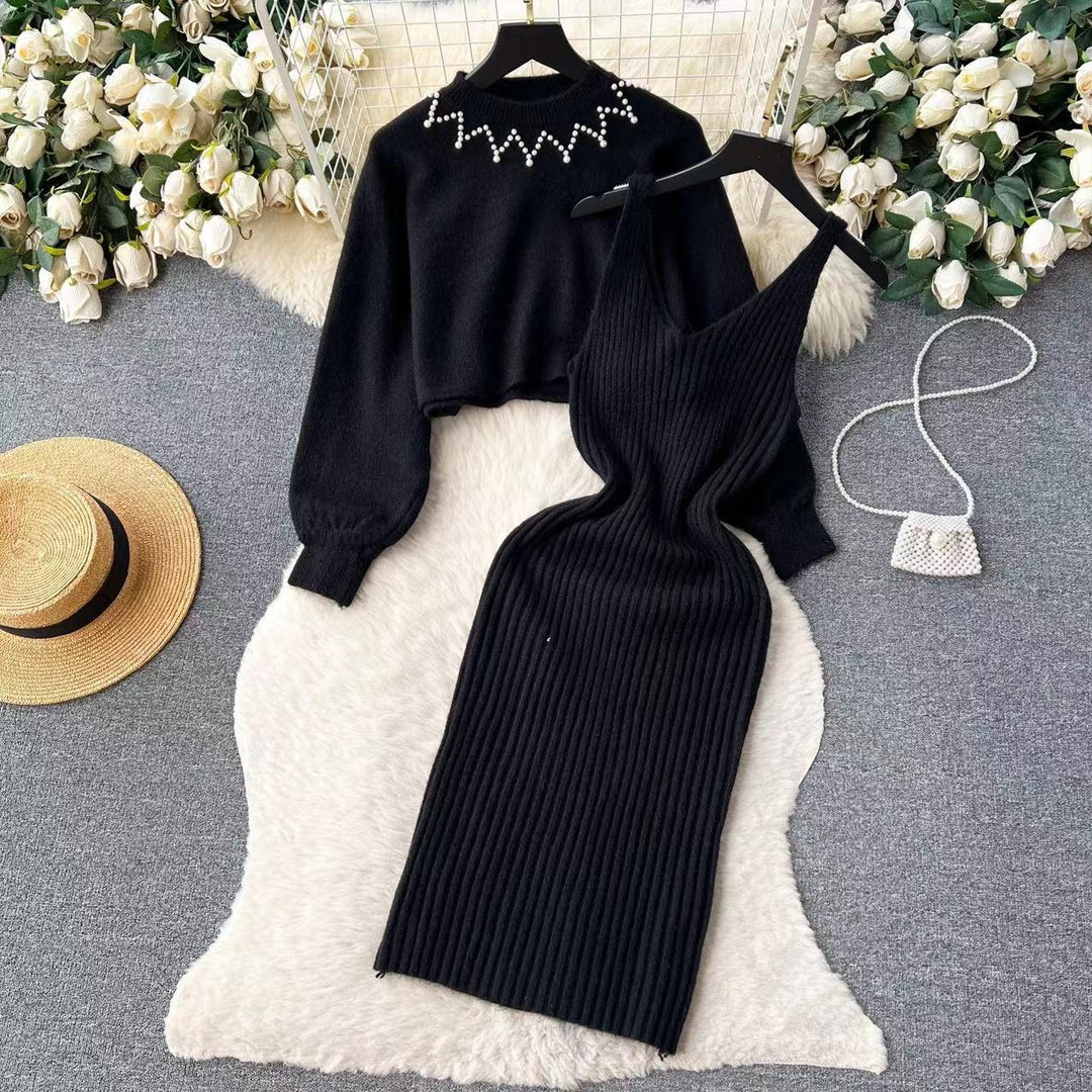 Damen Elegantes Strickkleid mit raffinierter Ribstruktur und stylischem Crop-Pullover EB