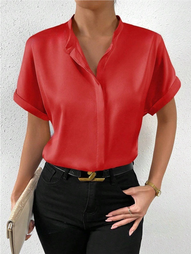 Damen elegante Kurzarmbluse mit asymmetrischem Kragen EB