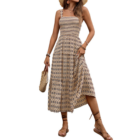 Damen Maxikleid mit verstellbaren Spaghettiträgern und elastischem Oberteil EB
