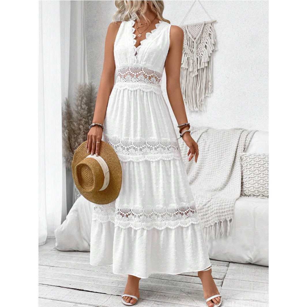 Damen Langes, elegantes Maxikleid mit Spitzenakzenten und Volants EB