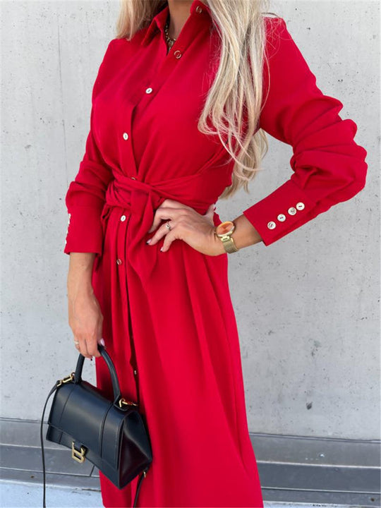 Damen Lange Hemdbluse mit Bindegürtel und elegantem Material EB
