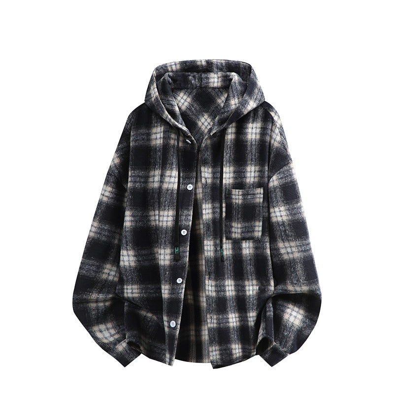 Unisex nan oversized Kapuzen-Hemdjacke aus Flanell mit Karomuster und Brusttasche EB