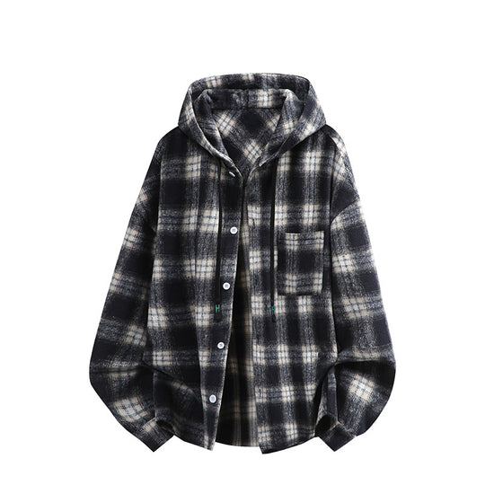 Unisex nan oversized Kapuzen-Hemdjacke aus Flanell mit Karomuster und Brusttasche EB