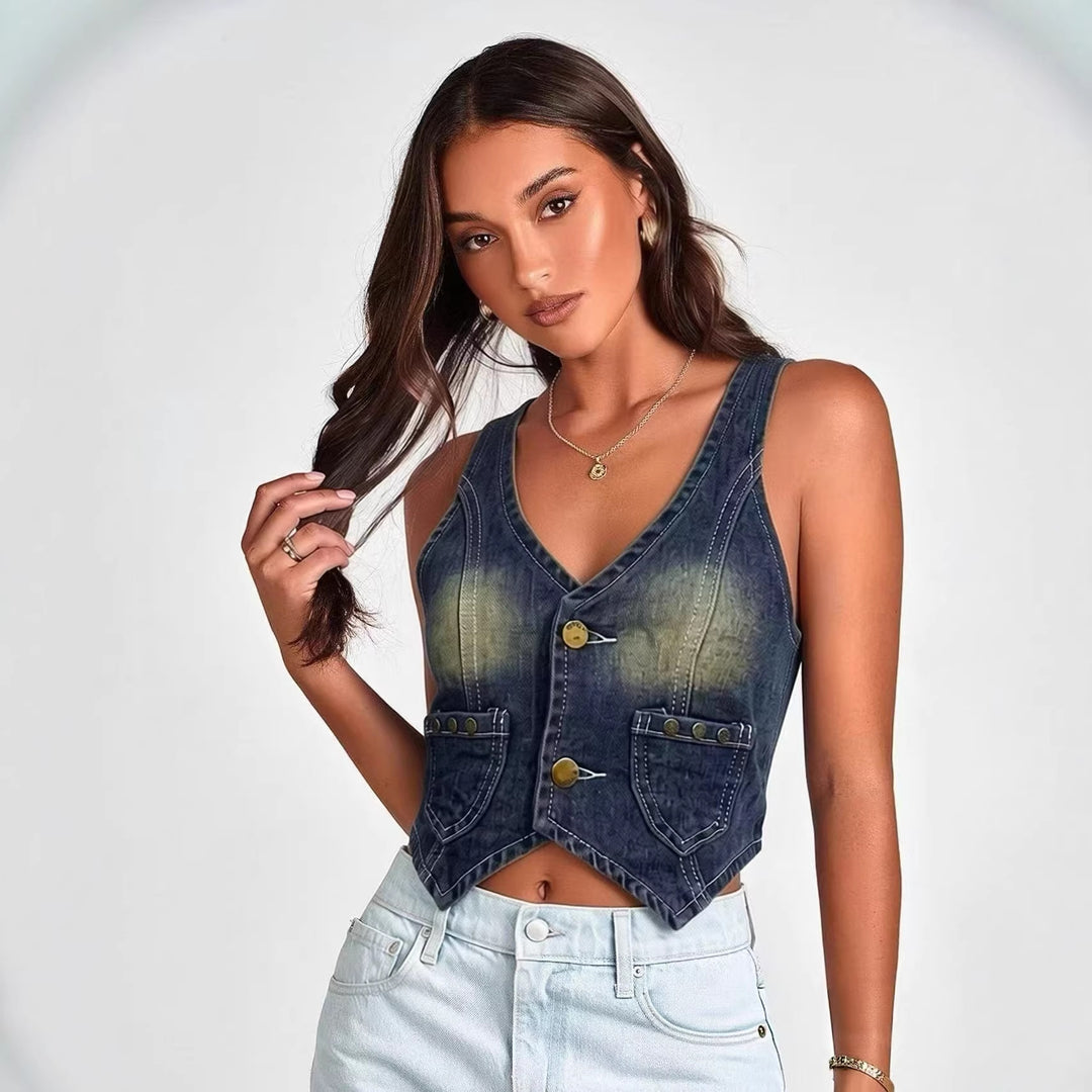 Damen Denim Bustier-Jacke mit Knopfdetails und aufgesetzten Taschen EB