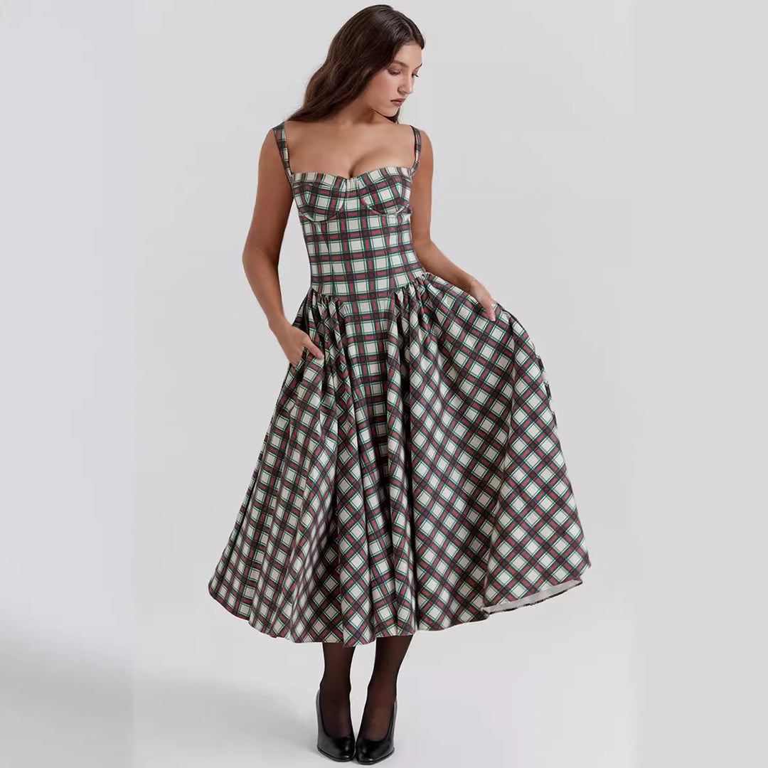 Damen Midikleid im Karomuster mit strukturiertem Oberteil und voluminösem Rock EB
