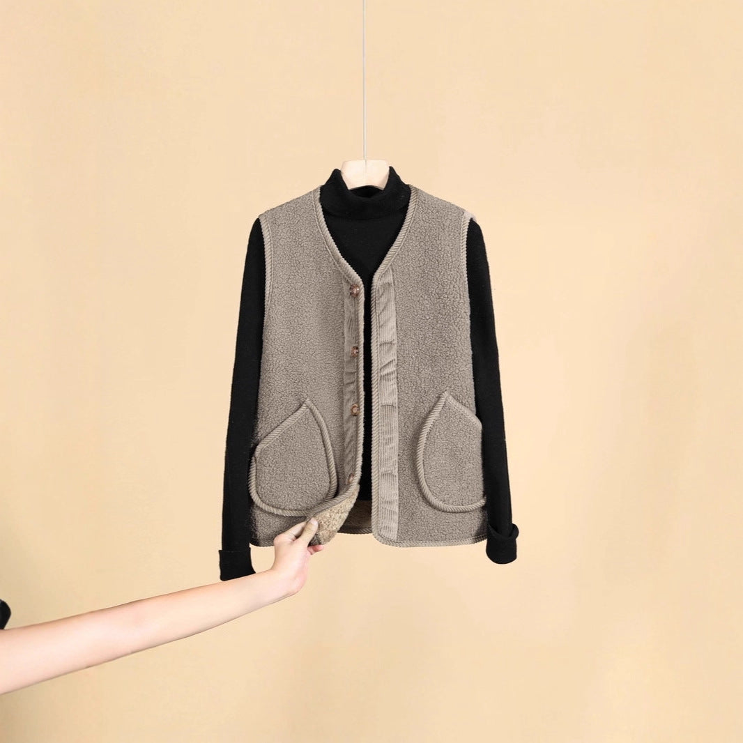 Damen Ärmellose Thermofleece-Weste mit Knopfleiste und Rundtaschen EB