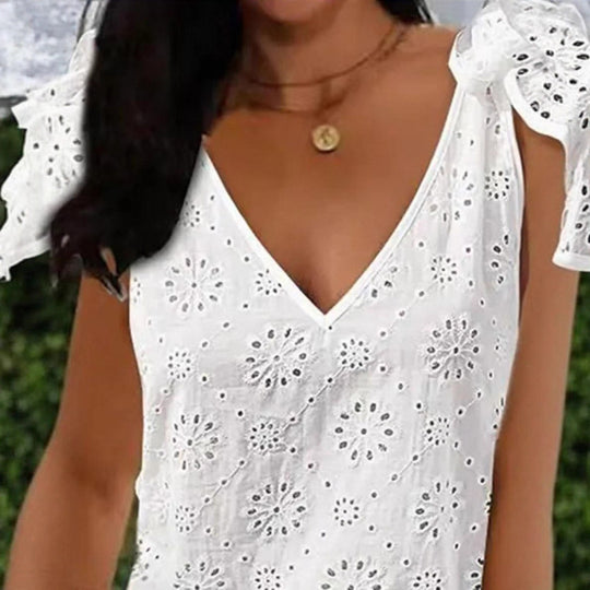 Damen nan romantisches Lochstickerei-Sommerkleid mit V-Ausschnitt und Bindeschultern EB