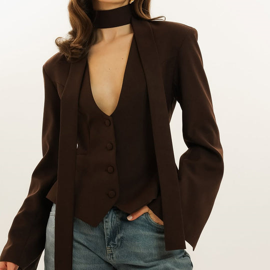 Damen taillierte Blazer-Top mit schmalem Kragen EB