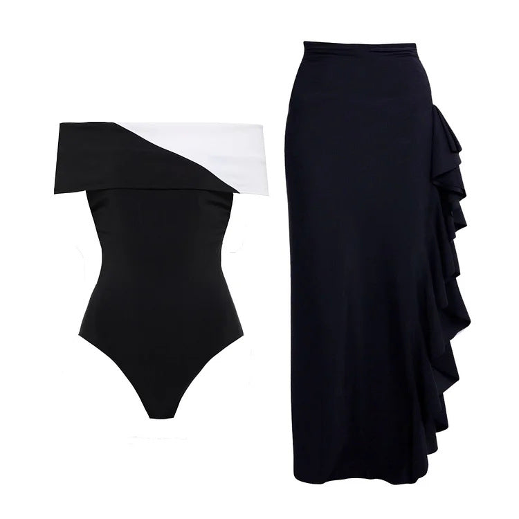 Damen Badeanzug mit modischem Off-Shoulder Design und eleganter Rüschen-Maxiröhre R&B