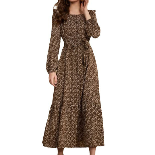 Damen Maxikleid im Boho-Stil mit weitem Rock und Taillengürtel EB