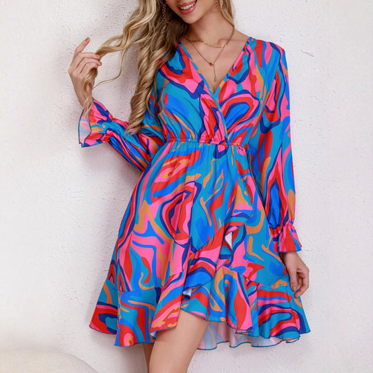 Damen Kurzes Kleid mit Wickeldesign und fröhlichem Muster EB
