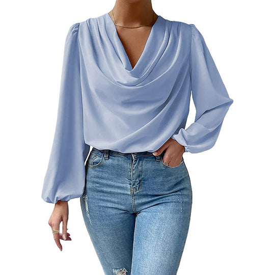 Damen elegante Bluse mit asymmetrischem Halsansatz und langen Ärmeln EB