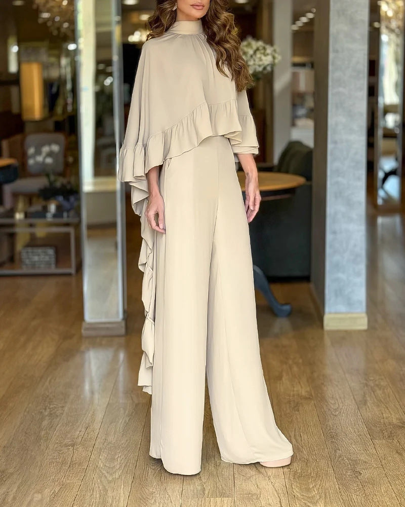 Damen Eleganter Overall mit Cape-Volant und weitem Palazzohosenbein EB