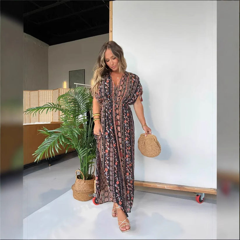 Damen elegantes Maxikleid mit modischem Print und V-Ausschnitt EB