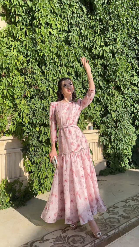 Damen Elegantes Maxikleid mit Spitzenärmeln und floralem Muster EB