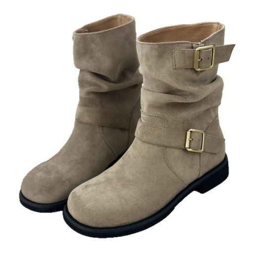 Damen modische Stiefel mit elegantem Riemen und rohem Look EB