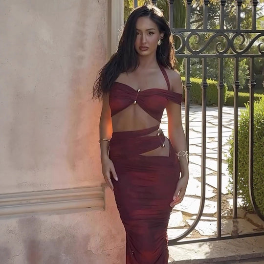 Damen Crop-Top und Maxi-Rock Set mit raffiniertem Rüschen-Design EB