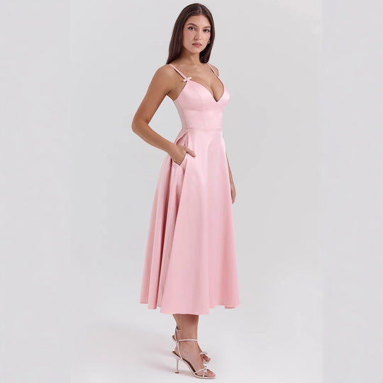 Damen Midikleid mit elegantem V-Ausschnitt und schwingendem Rock EB