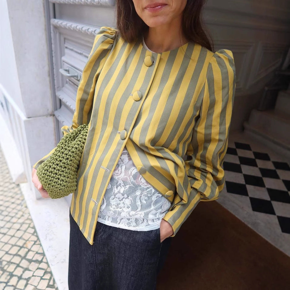Damen Langarm-Bluse mit gestreiftem Design und elegantem Puffärmel EB