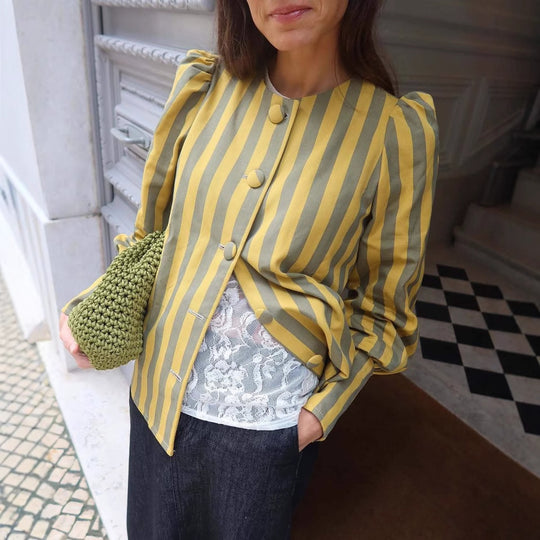 Damen Langarm-Bluse mit gestreiftem Design und elegantem Puffärmel EB