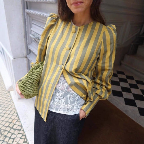 Damen Langarm-Bluse mit gestreiftem Design und elegantem Puffärmel EB