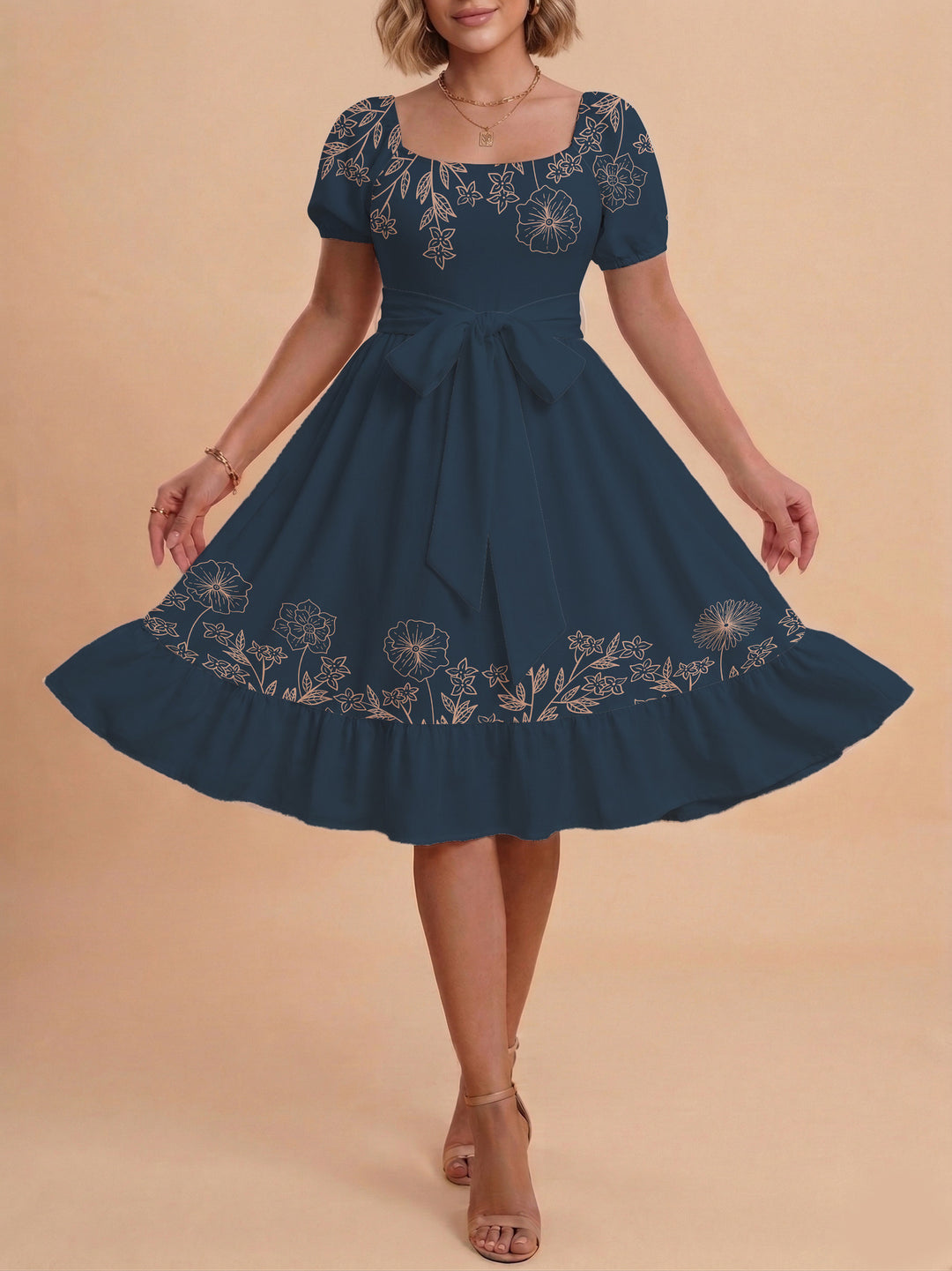 Damen A-Linien-Kleid mit floralen Motiven und taillierbarem Gürtel EB