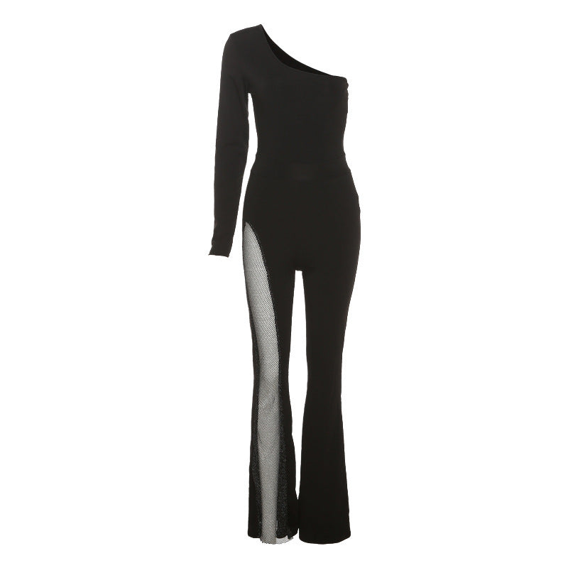 Damen figurbetontes Jumpsuit mit asymmetrischem Ausschnitt und netzseitigen Einsätzen EB