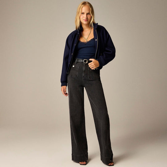 Damen nan High-Waist Wide-Leg-Jeans mit aufgesetzten Fronttaschen und weitem Bein EB
