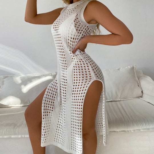 Damen luftiges Häkel-Strandkleid mit hohem Schlitz und transparenter Struktur EB