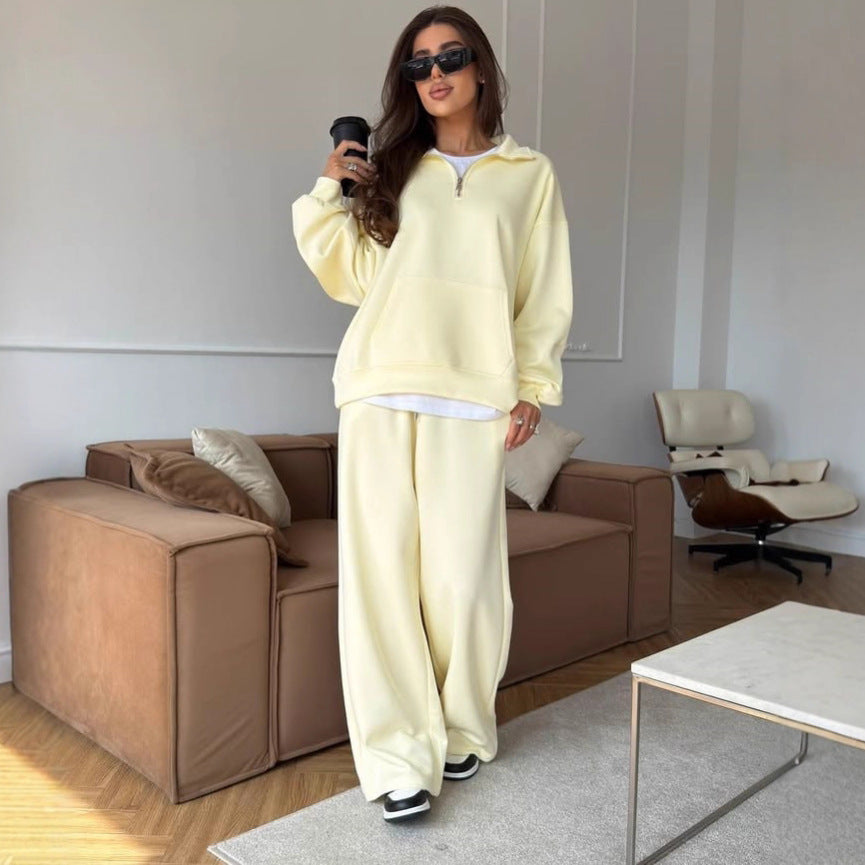 Damen nan weites Halfzip-Lounge-Set mit Kapuzenpullover, Kängurutasche und fließender Wide-Leg-Hose EB