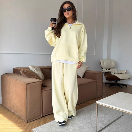 Damen nan weites Halfzip-Lounge-Set mit Kapuzenpullover, Kängurutasche und fließender Wide-Leg-Hose EB