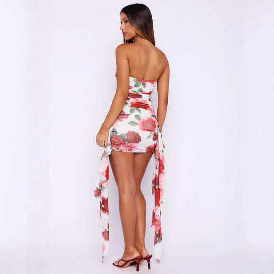 Damen kurzes Cocktailkleid mit asymmetrischem Saum und floralem Druck EB