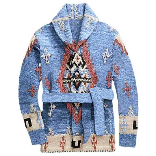 Damen gemütlicher Strickmantel mit dekorativem Muster und praktischem Gürtel EB