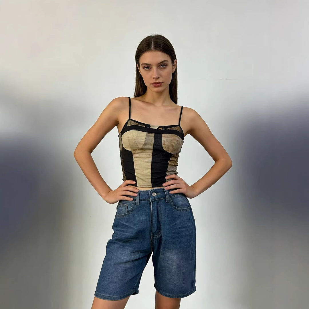 Damen figurbetontes Cropped Oberteil mit Stehkragen und kurzen Ärmeln EB