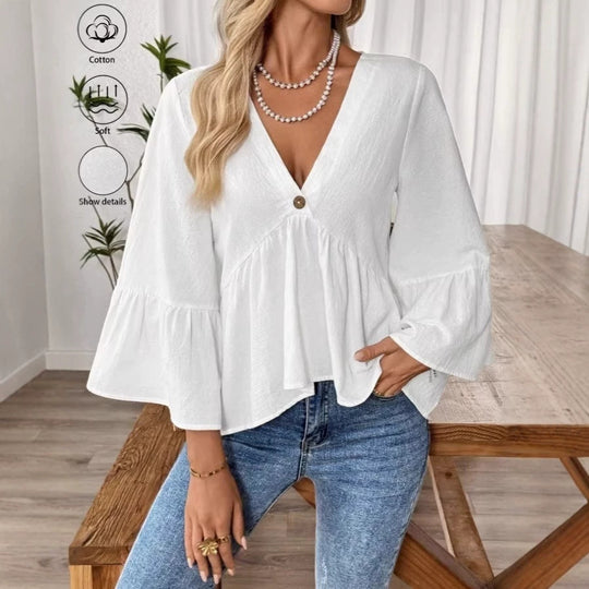 Damen nan elegante Empire-Bluse mit V-Ausschnitt, geraffter Brustnaht und Glockenärmeln EB
