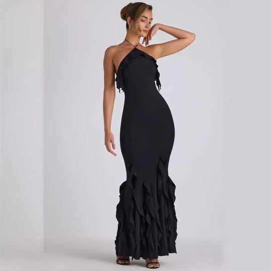 Damen Elegantes Maxikleid mit raffinierten Rüschendetails und taillierter Silhouette EB