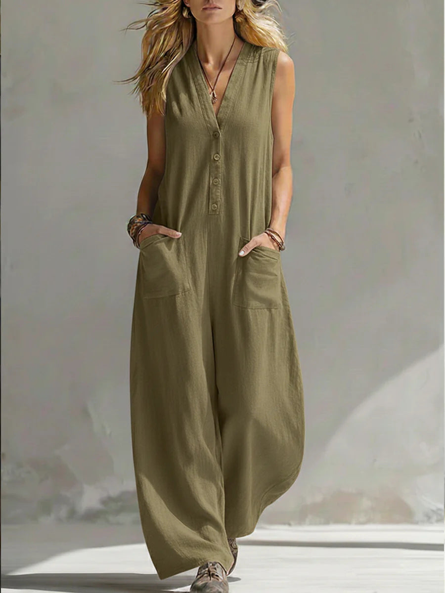 Damen Jumpsuit mit tiefem V-Ausschnitt und praktischen Taschen EB