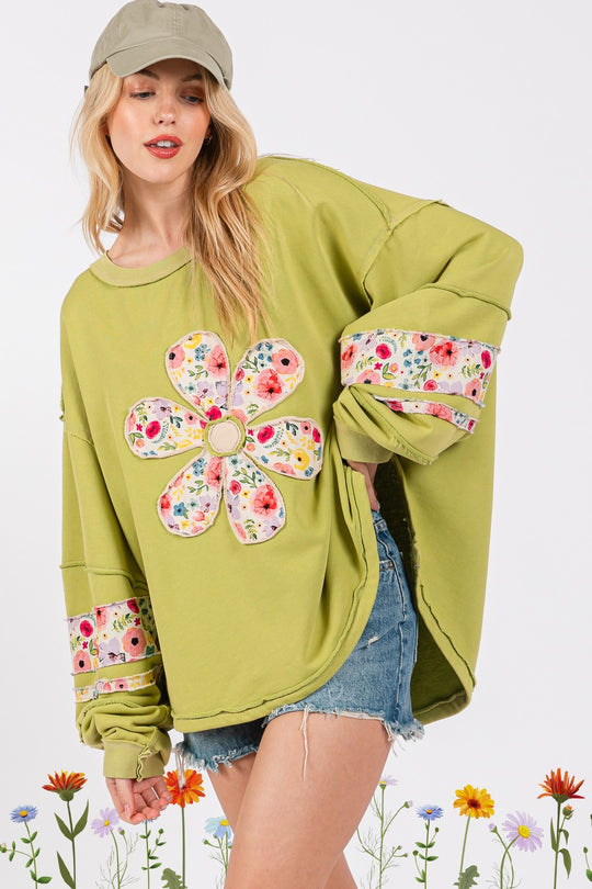 Damen lässiger Oversize-Pullover mit floralem Applikationsdesign EB