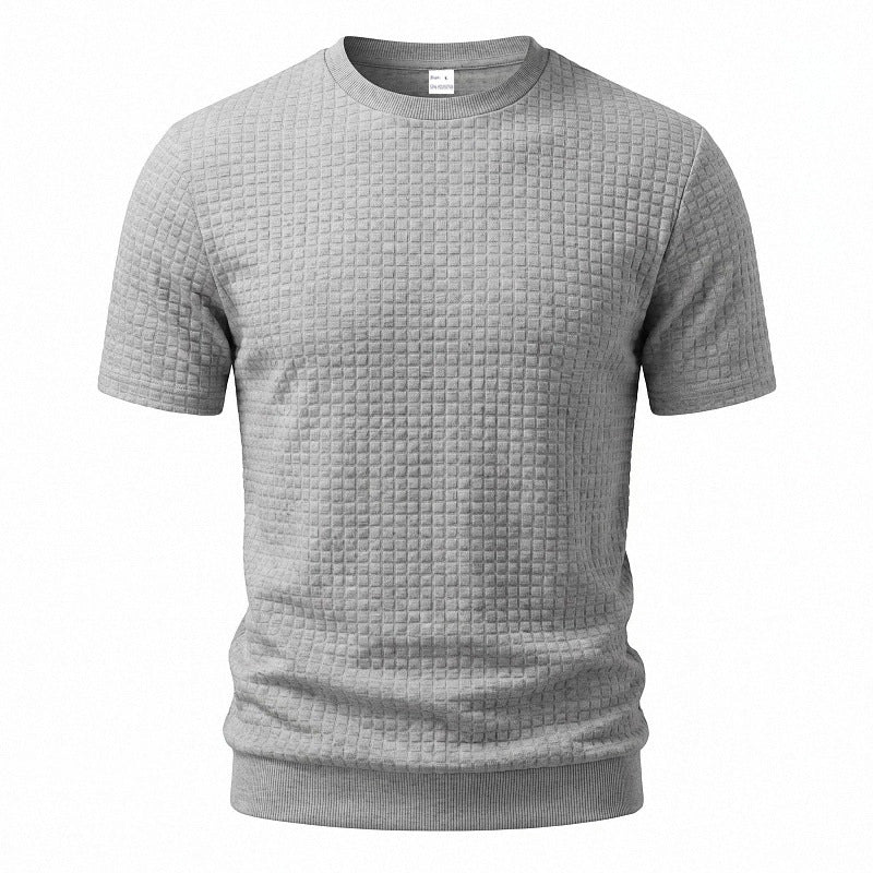 Herren nan kurzärmeliges Strickshirt mit geprägter Karostruktur, Rundhalsausschnitt und geripptem Saum EB