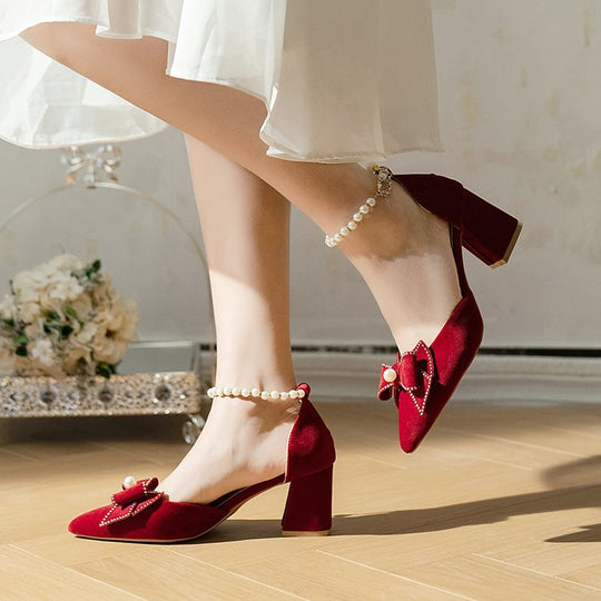 Damen elegante Pumps mit Perlenschleifen und Blockabsatz EB