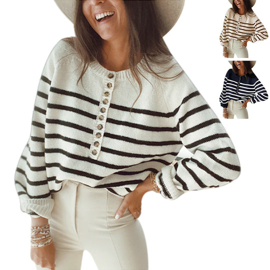 Damen Komfortabler Strickpullover mit Streifenmuster und Knopfleiste EB