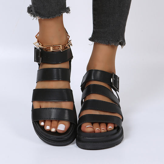 Damen  komfortable Gladiator‑Sandale mit extra gedämpftem Komfortfußbett, vier breiten Riemen und verstellbarer Metallschnalle EB
